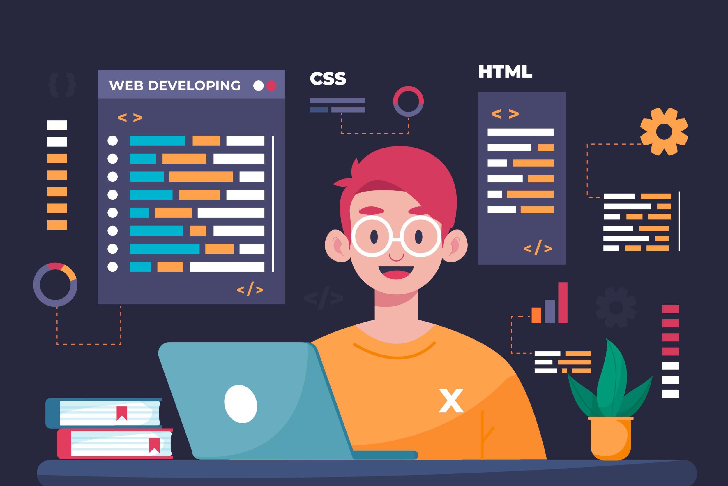 Image de synthèse montrant un développeur et ses outils en arrière plan